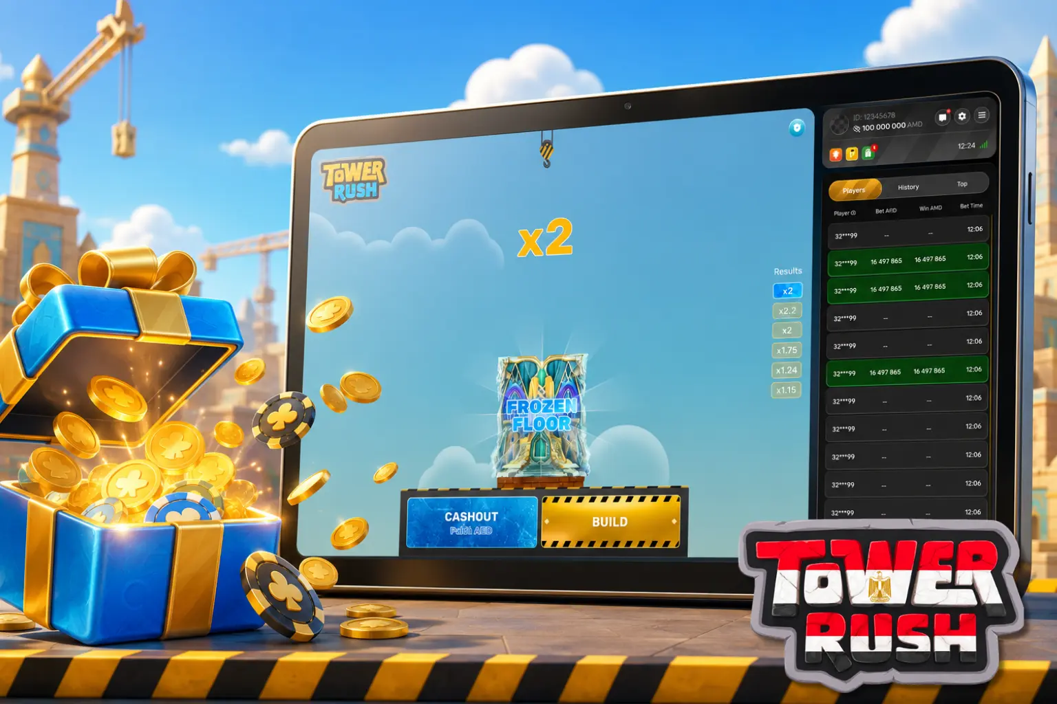 رسم يوضح مكافآت الكازينو المرتبطة بلعبة Tower Rush وطرق الدفع في مصر.