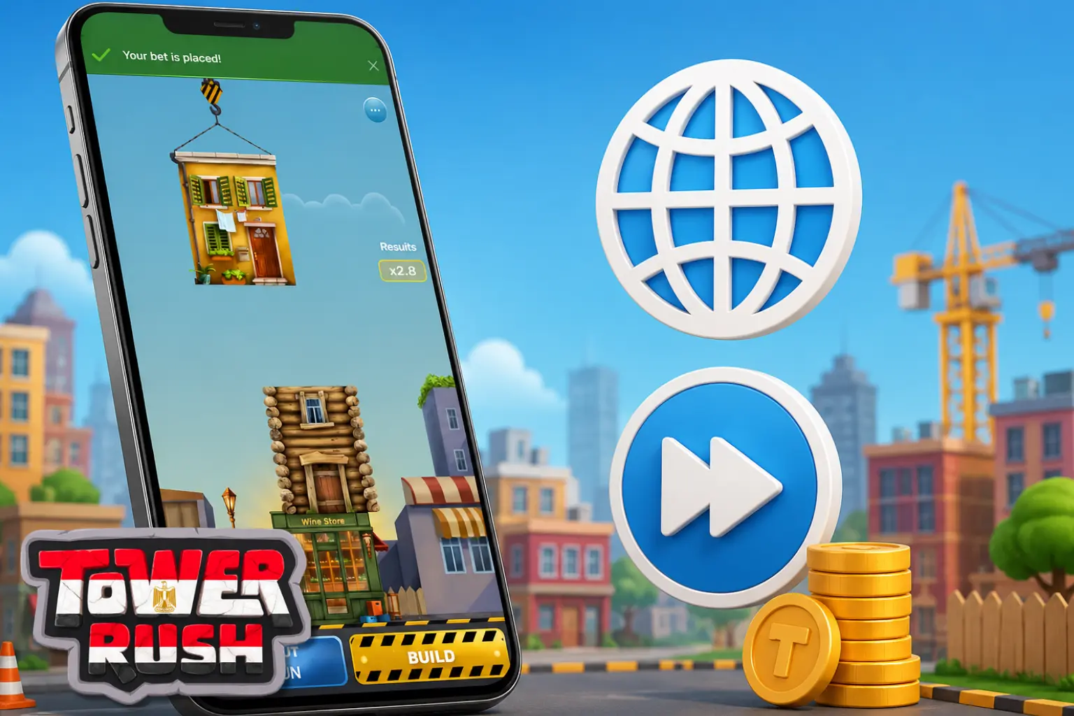 رسم يوضح لعب Tower Rush على الجوال من المتصفح أو تطبيق الكازينو.